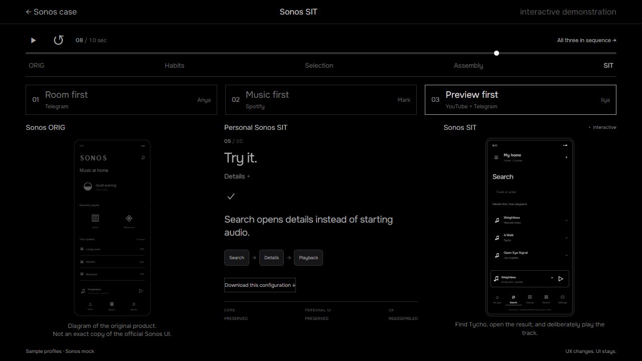 Sonos SIT prototype showing the original interface beside a personalized path